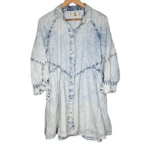 We The Free People Small Hannah Long Sleeve Denim‎ Minidress Acid Wash Blue RARE